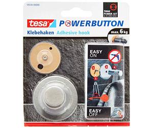 tesa Powerbutton Universal Self-Adhesive Hook - Round Chrome-Plated Metal Hook - Bathroom Towel Holder - Max Load 6 kg