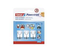 tesa Powerstrips Adhesive Hooks Small - with Removable Metal Hooks - Reusable Wall Hooks for Bathroom and Kitchen - Mounting Without Drilling - White - 3 Hooks, 4 Powerstrips