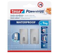 Tesa Powerstrips Hook Waterproof S Metal Square - Self-Adhesive Wall Hooks for Kitchen and Bath, Large - Hand Towel Hooks Made of Stainless Steel, Silver Matt - Load Capacity up to 1 kg, Pack of 2