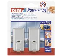 tesa Powerstrips Hooks Large CLASSIC - Removable Self-Adhesive Wall Hook for Glass, Tiles, Wood, Plastic and Other Surfaces - Chrome - Holds Up to 2 kg