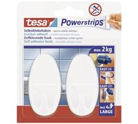 tesa Powerstrips Hooks Large OVAL - Removable Self-Adhesive Wall Hook for Glass, Tiles, Wood, Plastic and Other Surfaces - White - Holds Up to 2 kg