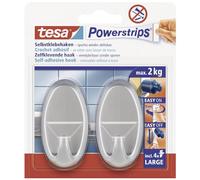 tesa Powerstrips Hooks Large OVAL - Removable Self-Adhesive Wall Hook for Glass, Tiles, Wood, Plastic and Other Surfaces - Matt-Chrome - Holds Up to 2