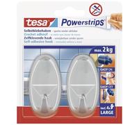tesa Powerstrips Hooks Large OVAL - Removable Self-Adhesive Wall Hook for Glass, Tiles, Wood, Plastic and Other Surfaces - Chrome - Holds Up to 2 kg