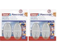 tesa Powerstrips Hooks Large Oval - Removable Self-Adhesive Wall Hook for Glass, Tiles, Wood, Plastic and Other Surfaces - Chrome - Holds Up to 2 kg (Pack of 2)