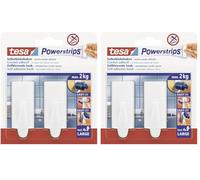 tesa Powerstrips Hooks Large Trend - Removable Self-Adhesive Wall Hook for Glass, Tiles, Wood, Plastic and Other Surfaces - White - Holds Up to 2 kg (Pack of 2)