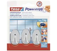 tesa Powerstrips Hooks Small OVAL - Removable Self-Adhesive Wall Hook for Glass, Tiles, Wood, Plastic and Other Surfaces - Waterproof - Chrome - Strong Hold up to 1 kg