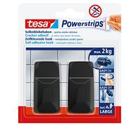 tesa Powerstrips Large Square Hooks - Black - 2 Pack - 2 kg Capacity | 2 self-adhesive plastic wall hooks for glass, tiles, wood and other surfaces - Removable without marks - Powerstrips system