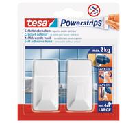 tesa Powerstrips Large Square Hooks - White - 2 Pack - 2 kg Capacity | 2 self-adhesive plastic wall hooks for glass, tiles, wood and other surfaces - Removable without marks - Powerstrips system