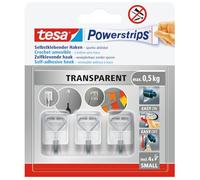 tesa Powerstrips Self-Adhesive Hook Small - Wall Hooks with Removable Wire Hook - Reusable for Bathroom or Kitchen - Drill-Free Mounting - Transparent - 3 x Hooks, 4 x Powerstrips