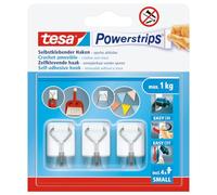 tesa Powerstrips Self-Adhesive Hook Small - Wall Hooks with Removable Wire Hook - Reusable for Bathroom or Kitchen - Drill-Free Mounting - White - 3 x Hooks, 4 x Powerstrips