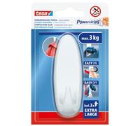 tesa Powerstrips Self-Adhesive Hook XL - Oval Wall Hook with Extra Strong Hold - Drill-Free Mounting - Reusable Wall Hook for Bathroom or Kitchen - White - 1 x Hook, 3 x Powerstrips XL