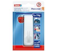 tesa Powerstrips Self-Adhesive Hook XL - Rectangular Wall Hook with Extra Strong Hold - Drill-Free Mounting - Reusable Wall Hook for Bathroom or Kitchen - White - 1 x Hook, 3 x Powerstrips XL