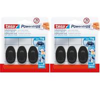 tesa Powerstrips Self-Adhesive Hooks - 3 x Small Oval Shaped Hooks for Tiles, Glass, Plastic and Other Surfaces - Strong Hold, Up to 1kg - Black (Pack of 2)