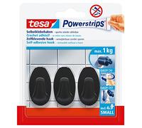 tesa Powerstrips Small Oval Adhesive Hooks - Black - 3 Pack - 1 kg Capacity | 3 self-adhesive plastic wall hooks for glass, tiles, wood and other surfaces - Removable without marks - Powerstrips system