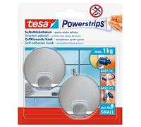 tesa Powerstrips Small Round Metal Hooks - 2 Pack - 1 kg Load Capacity | Round self-adhesive metal wall hooks for glass, tiles, wood, plastic and other surfaces - Removable without leaving marks