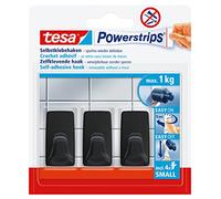 tesa Powerstrips Self-Adhesive Hooks - 3 x Small Square Shaped Hooks for Tiles, Glass, Plastic and Other Surfaces - Strong Hold, Up to 1kg - Black