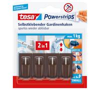 tesa Powerstrips Vario Curtain Hooks - 1 Pack of 4 - Brown | Self-Adhesive Hooks to Fix Curtain Rails - 1 kg Holding Force - can be Removed without Leaving any Marks