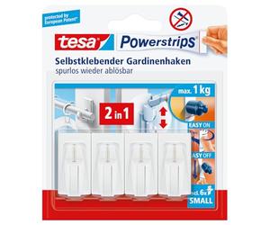 tesa Powerstrips Vario Curtain Hooks - 1 Pack of 4 - White | Self-Adhesive Hooks to Fix Curtain Rails - 1 kg Holding Force - can be Removed without Leaving any Marks