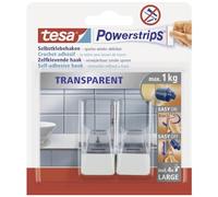 tesa Powerstrips Wall Hooks - Transparent/White - 2 Pack - 1 kg Capacity | 2 self-adhesive plastic hooks for glass walls and coloured surfaces - Removable without marks - Powerstrips technology