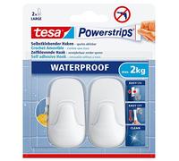 tesa Powerstrips Waterproof L Hooks - White - 2 Pack - 2 kg Capacity | 2 self-adhesive waterproof plastic hooks for damp rooms, tiles and glass - No drilling - Removable without leaving marks