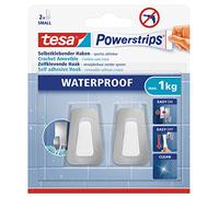 tesa Powerstrips Waterproof S Metal-Plastic Hooks - 2 Pack - 1 kg | 2 self-adhesive waterproof hooks in stainless steel and plastic - For damp rooms, tiles and glass - Removable without marks