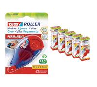 tesa Roller Adhesive Permanent ecoLogo - Refillable adhesive roller with tear resistant tape & double sided adhesive film + adhesive roller permanent refill cassette in a pack of 5 -14 m x 8.4 mm each