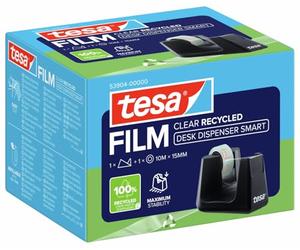 tesa Smart Recycled Desk Dispenser - Clear Recycled Roll - 10m x 15mm | Compact tabletop holder with anti-slip base - includes 1 recycled transparent adhesive film measuring 10 m x 15 mm