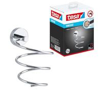 tesa SMOOZ Hairdryer Holder - Dryer Bracket - Chrome - 100 x 160 x 135 mm | Spiral-shaped wall storage for styling appliances - Metal construction - Stainless and waterproof - Includes adhesive fixings