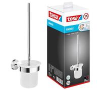 tesa SMOOZ Toilet Brush Set - Bathroom WC Brush - Chrome - 97x137x410 mm | Wall-mounted bathroom cleaner with satin-glass container and chrome-plated metal - No drilling - Includes adhesive solution