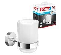 tesa SMOOZ Toothbrush and Toothpaste Holder - No Drill Wall Mounted Satined Cup with Chrome-Plated Holder, Stainless - Waterproof - Includes Removable Glue Solution - 113 mm x 79 mm x 124 mm