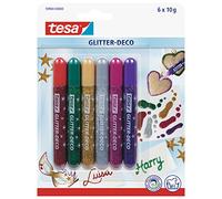 tesa UK Glitter-Deco Glue Pens Assorted Intense Vibrant Colours - Pack of 6 | Colourful Glitter Glue - Precise and Drip-Free - Solvent-Free - For Cards, Invitations, Gifts and DIY Decorations