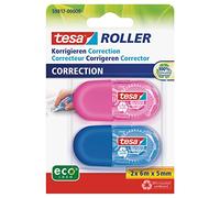 tesa UK Mini Roller Correction ecoLogo - 2 Pack Multicoloured Small Ergonomic White Out Tape, Tape Size 6 m x 5 mm