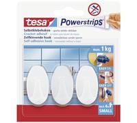 tesa UK Powerstrips Hooks Small OVAL - Removable Self-Adhesive Wall Hook for Glass, Tiles, Wood, Plastic and Other Surfaces - Waterproof - White - Strong Hold up to 1 kg