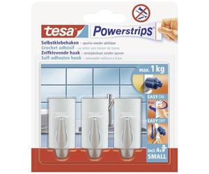 tesa UK Powerstrips Hooks Small Trend - Removable Self-Adhesive Wall Hook for Glass, Tiles, Wood, Plastic and Other Surfaces - Waterproof - Matt-Chrome - Strong Hold up to 1 kg, 57544-00010-03