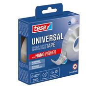 tesa Universal Nano Tape - Transparent, Double-Sided Tape - Easy to Remove and Reusable - Weatherproof, for Indoor and Outdoor Use - 1 Roll - 3 m x 30 mm