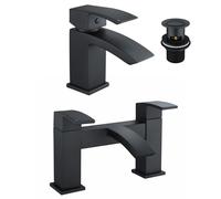 Tesa Waterfall Bath Filler Tap, Basin Mixer Tap Set & Waste Black Matte