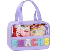 TESAFNG Chenille Letter Patch Clear Bag,Preppy Multi-purpose PVC&Nylon Clear Makeup Bag with Handles, Snack-Purple, Preppy