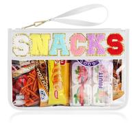 TESAFNG Snack Bag for Travel - Clear Chenille Varsity Letter Flat Pouch with Zipper, Waterproof Clear Nylon Preppy Patch Makeup Tote for Women and Girls, Snack-White