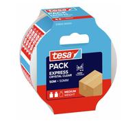 tesapack Express Crystal Clear Parcel Tape - 50 m x 50 mm - 1 Roll | Ultra-Transparent Parcel Tape Made from PE Film - Hand-Tearable, UV- and Ageing-Resistant and Quiet to Unwind