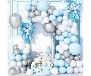 Teselife 137Pcs Blue Silver White Balloon Arch Kit, Pastel Blue Metallic Silver White Party Balloons Garland Kit for Birthday Baby Shower Wedding Anniversary Carnival Party Decorations Supplies