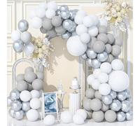 Teselife 140Pcs White Silver Grey Balloon Arch Kit, White Metallic Silver Party Balloons Garland Kit for Birthday Baby Shower Wedding Anniversary Carnival Party Decorations Supplies