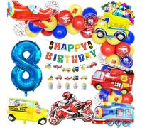 Teselife 8 Birthday Decorations for Boys - Cars Transportation Theme Party Supplies - Red, Blue, Yellow Balloons, Happy Birthday Banner for 8-Year-Old Eighth Celebration