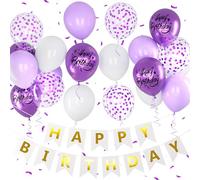 Teselife Birthday Banner & Balloons - Purple & White Decoration with 20 Happy Birthday Balloons