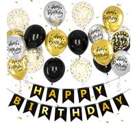 Teselife Birthday Banner, Black Gold Decoration - 20pc Happy Birthday Balloons & Banner for Party Supplies