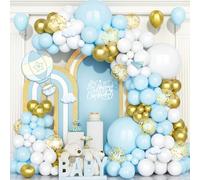 Teselife Blue White Balloon, 123 PCS Pastel Blue White Balloon Garland Arch Kit Latex Metallic Gold Confetti Balloons for Boys Birthday Baby Shower Wedding Graduation Christening Hen Party Decorations