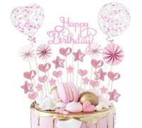 Teselife Happy Birthday Cake Toppers Kit Pink Theme Birthday Cake Topper Glitter Cupcake with Star Heart Paper Fans Confetti Balloon 28 pcs Romantic Topper for Women Girls Party Decorations
