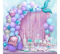Teselife Mermaid Tail Balloon Arch Garland Kit, 89Pcs Silver Pastel Blue Purple Latex Balloons Shell Star Foil Balloons with Light Pink Tinsel Curtain for Girls Kid Princess Birthday Party Decorations