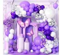 Teselife Purple White Balloon, 123 PCS Matte Purple White Silver Balloon Garland Arch Kit Latex Silver Confetti Balloons for Girls Boys Birthday Baby Bridal Shower Wedding Anniversary Hen Party Decor