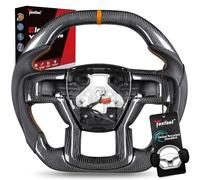 TESFEEL Real Carbon Fiber Steering Wheel for Ford F150 Raptor 2017-2020 Gen 2, Heating Compatible, for Paddle Shifters, Double-D Flat Top & Bottom, Orange Stripe & Stitching, Matching Carbon Trim