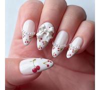 TESGADGETS 24 Pieces Almond Press On Nails Medium Artificial Nails with Bow, Pearls and Cherry Pattern, French Tip Nails, Full Coverage, White Acrylic Art Nails
